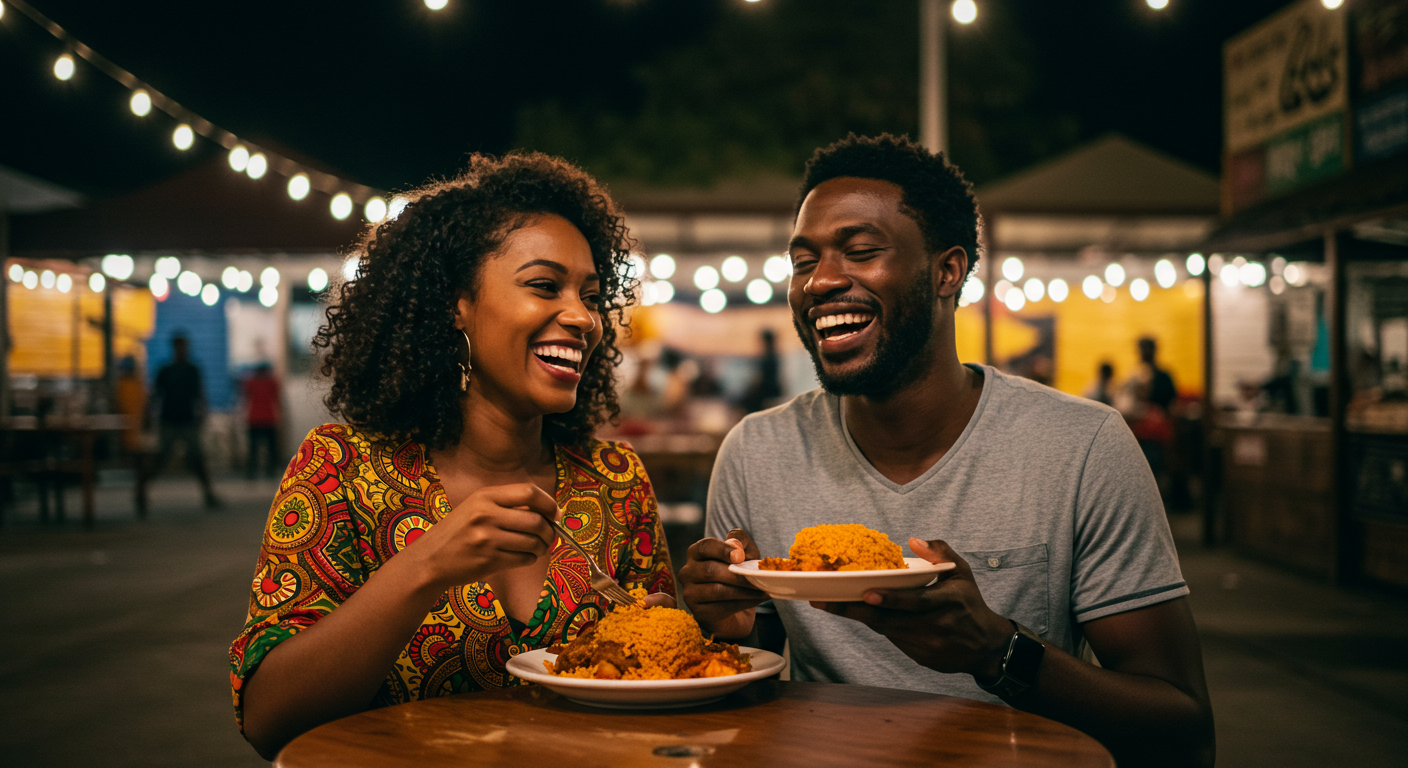 Happy couple enjoying food at an outdoor night market